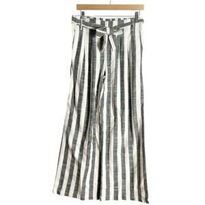 Indigo Rising Ivory Black Striped Wide Leg Belted Tie Waist Linen Pants Size M